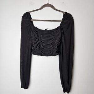 ✨️4/$12✨️ H&M‎ Sheer Cropped Long Sleeve Rouched Blouse Small Black